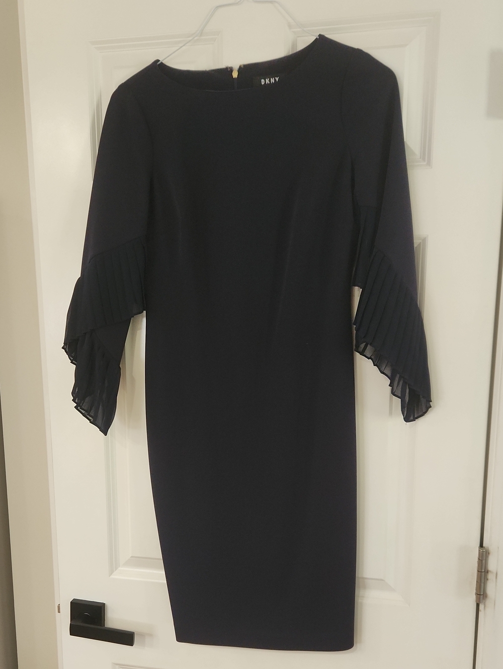 DKNY Navy Pleated Bell Sleeve Sheath Dress